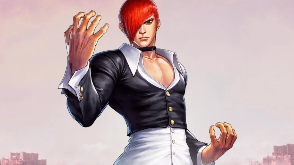 Character Iori Yagami from The King of Fighters,  brings blue fire in his hands , redhead, thick body,  with a serious and annoying look , perfect lighting and resolution 4k 
