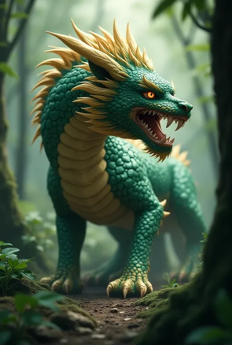 Asian dragon and lion hybrid, in the forest, looking angry. 