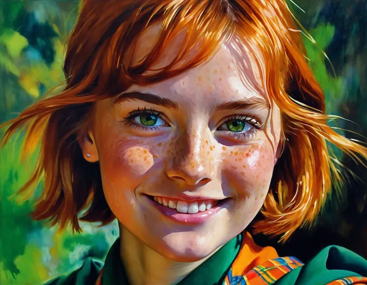 (bipolar background ):(smile young girl Isabel Moner-SMF, Dora)), (((view down))) (low camera view ). (  hyperrealistic  ), Very short orange hair,   expressive green eyes  , [freckles],  Hawaiian tunic, scotish mini kilt , sports, Sweaty,  medium breasts ...