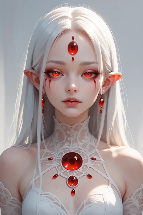 A half-human, half-spider girl with white hair and six eyes, two red and four white.