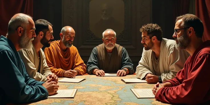 "The Diplomacy of Themístocles "

Prompt:  Themístocles meeting with foreign ambassadors ,  open maps on a table and intense negotiating expressions .
Style: Style realista com foco em expressões faciais e detalhes de roupas.