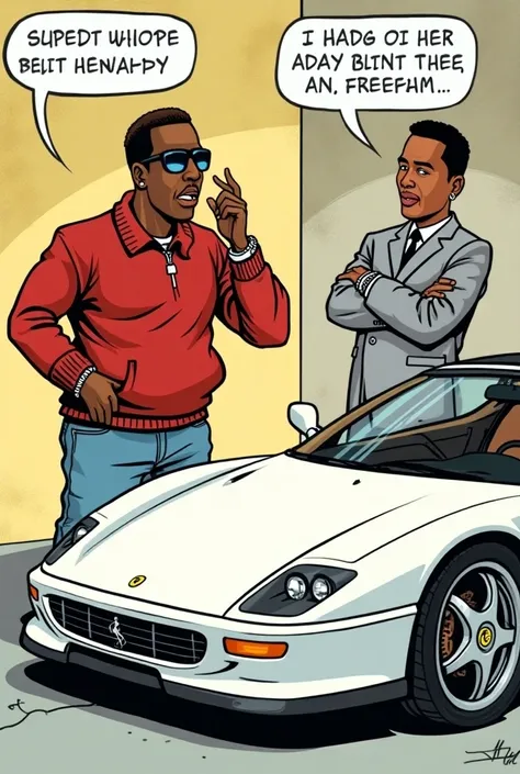 I need an image of two cartoons in a pop art comic style from the 90s,  in the first one is Justin Beaber talking to Puff Diddy with a white Ferrari ,  then in the second vignette a Justin looking back with the car in the background
