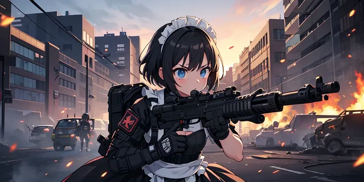 (Anime style),high quality, 1girl, 1girl solo, Tactical maid, maid outfit, tactical outfit, (((stiff tactical chest))), tactical gloves, tactical command, tactical accessories, explosions in the background, gun standoff scene, in the middle of crossfire, b...