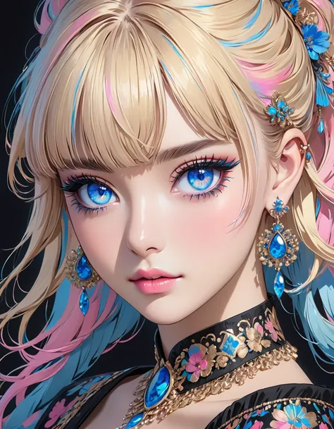 an artistic digital looking girl with pinkish hair and blue eyes wearing ear rings with long blonde hair, 1girl, solo, blue eyes, jewelry, earrings, looking at viewer, eyelashes, makeup, black hair, bangs, portrait