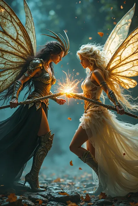 a war between two beautiful fairy women, detailed facial features, long flowing hair, ornate armor and weapons, dramatic battle poses, magical glowing energy effects, cinematic lighting, dark fantasy atmosphere, moody color palette, highly detailed, photor...