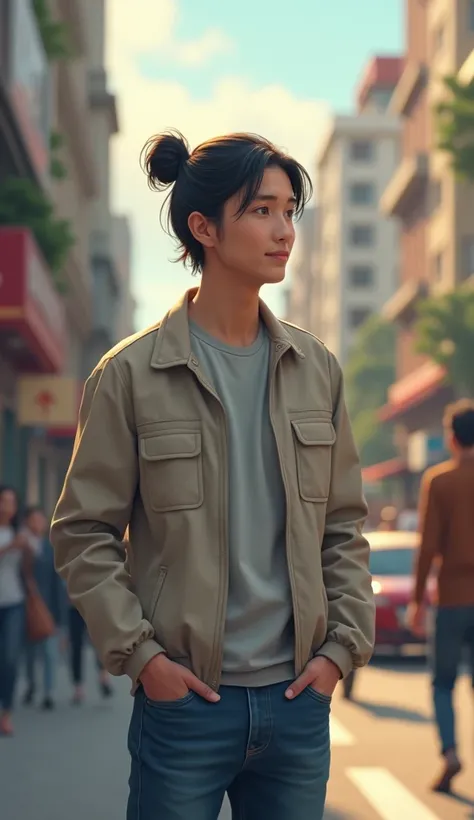 Create an image of a of the same 40 years old man with a bun and black hair standing near a busy roadside, smiling gently as he realizes the woman walking by isn’t his ex. He has a soft, warm expression, with a slight hint of relief and newfound acceptance...