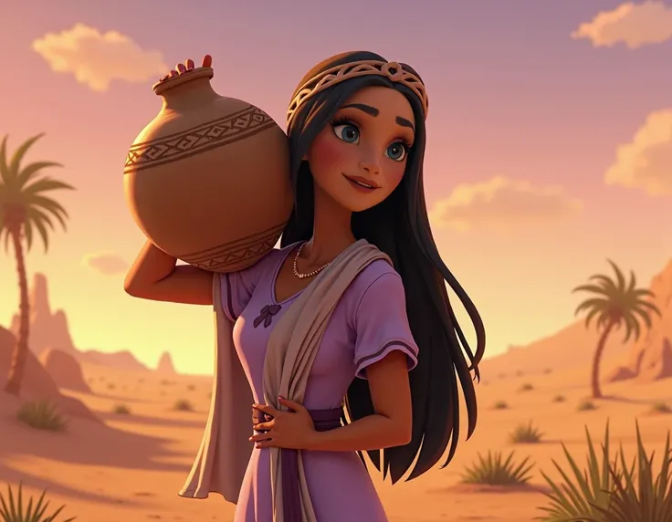  DISNEY PIXAR STYLE IMAGE .  A beautiful young woman from biblical Jewish times. has dark skin,  the long straight black hair ,  is wearing a Hebrew tunic or dress from the time short lavender sleeves, a scarf ,  a headband .  carries a large ceramic jar f...