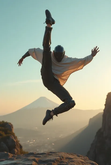 A human with mechanical parts posing like a breakdancer in a dynamic jump pose , captured at sunset in an iconic setting that combines the Christ the Redeemer statue and Mount Fuji in the background. The dancer displays powerful and fluid movements, wearin...