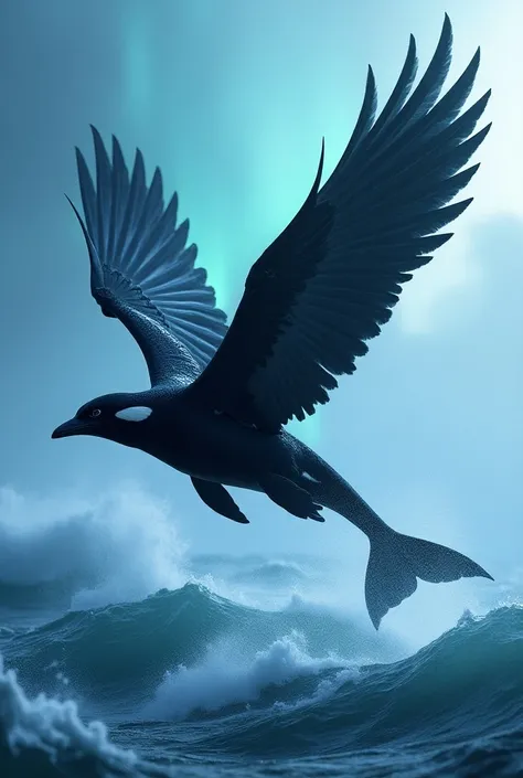  Half-raven and half-orca hybrid animal, this hybrid dominates the Scandinavian skies and seas .  Its feathers and skin have patterns that resemble the Northern Lights .