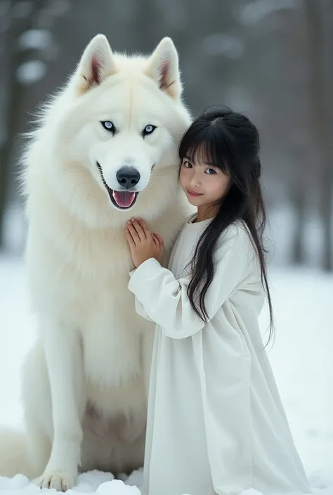 Giant White Siberian Husky  next to a girl dressed in white with black hair 