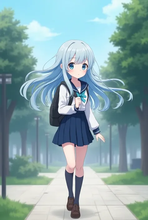 Girl with loose light blue hair  , smooth and long
with bright light blue and blue eyes
Walking with his backpack

Wearing the UA uniform
