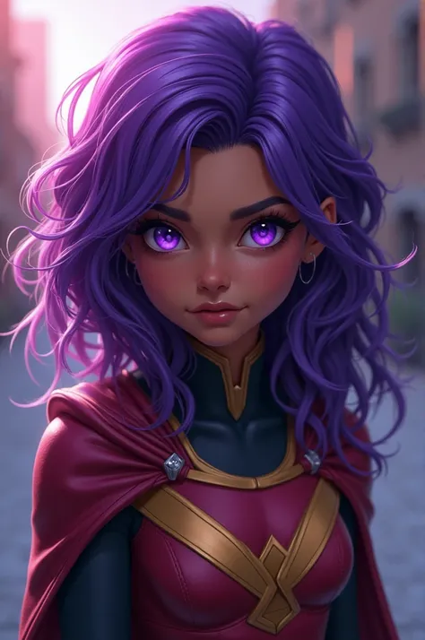  Create a super hero with purple hair, violet eyes, untired expression , Young, moreno