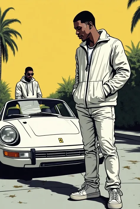 I need an image of two vignettes , One up and one down in the pop art comic style of the 90s , In the first one is Justin Beaber with white skin talking to Puff Diddy with a white Ferrari,  then in the second vignette there is only Justin looking back with...