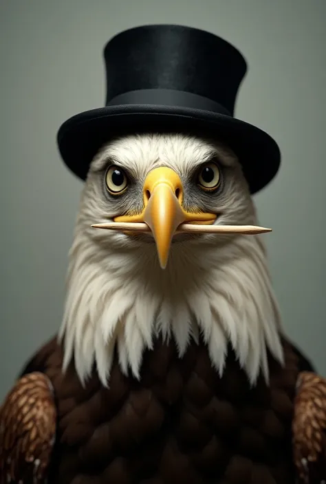 Make me an eagle head that looks forward. He is wearing a little black hat and he has a toothpick in his mouth