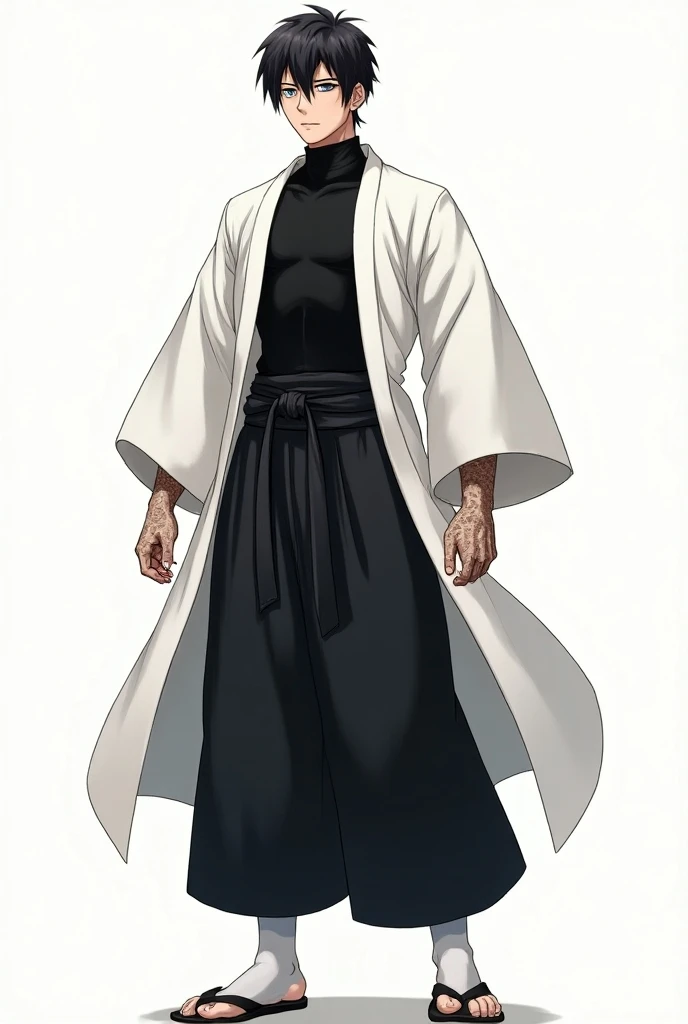 man
??? Years
Blue eyes .
 Spectacled black hair.
Physique: Ectomorph, pumped up, height 184 cm
Dressed in white haori ,  under the bottom black sleeveless sports turtleneck,  black sleeveless karate-gi jacket ,  black male hakama , white socks,  tradition...