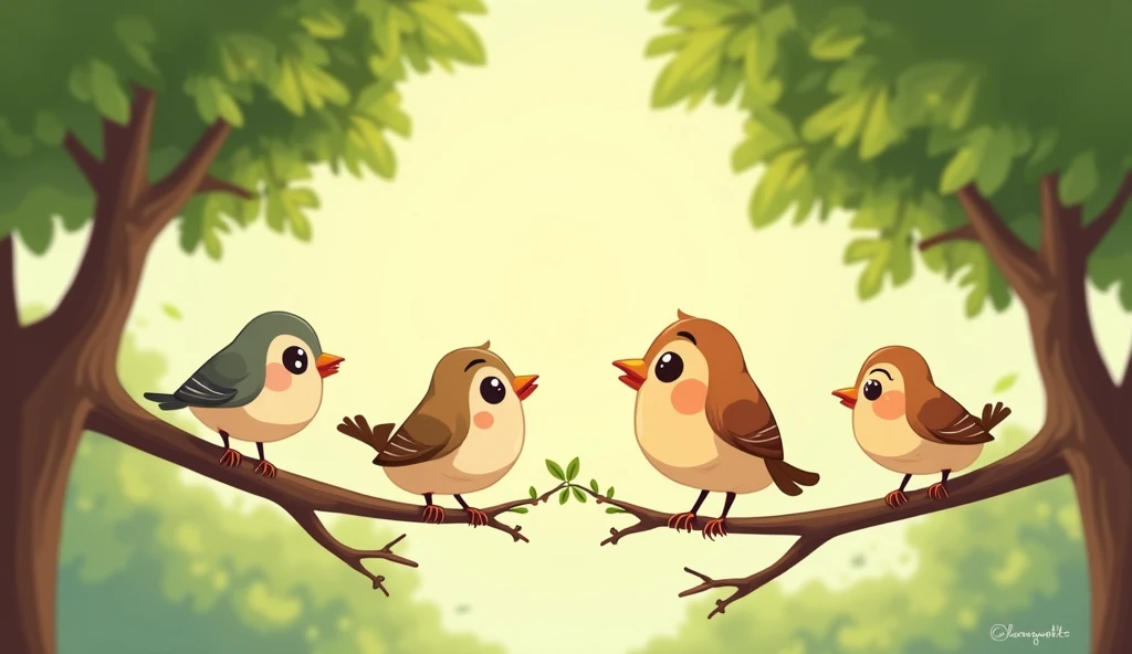 A cute cartoon little sparrow with friends sitting on a tree and chriping 