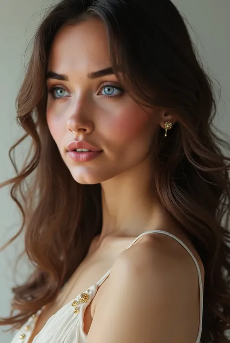 a beautiful young woman, 26 years old, with long wavy brown hair, detailed perfect skin, beautiful almond eyes, delicate nose and lips, ((closed mouth, closed lips)) height 170 cm, weight 75kg, realistic, (Best Quality, 4k, 8k, High resolution, masterpiece...