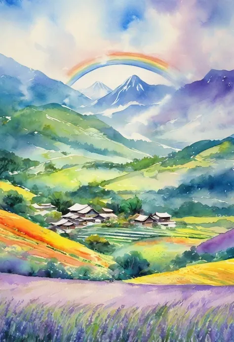 Lavender fields and rainbows 、Many beautiful towering mountains can be seen in the distance、 landscape painting、(Watercolor:1.5)