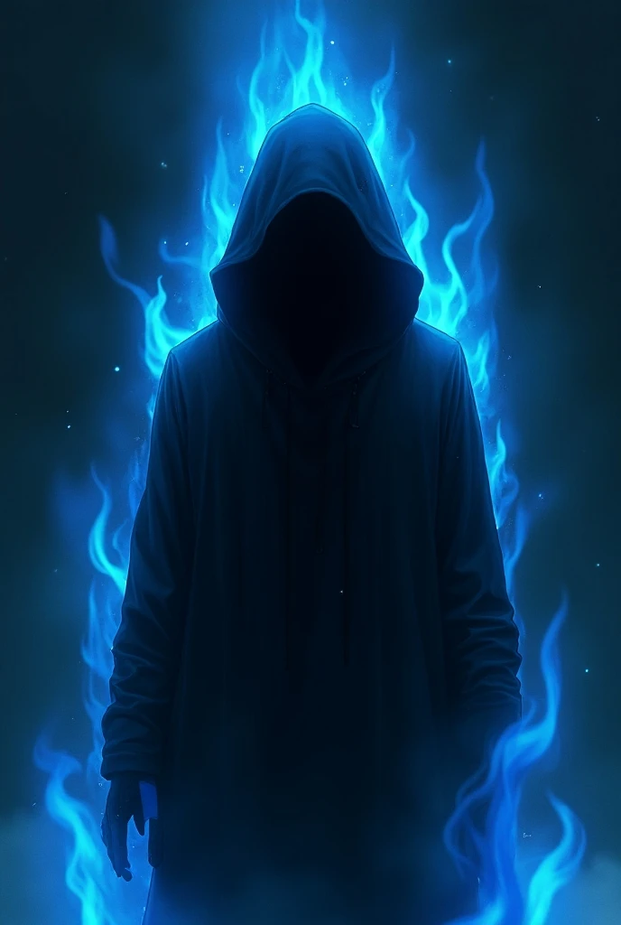 Personnage de phonk style anime tout noir et solbre avec du feu bleu homme on ne voit pas son visage