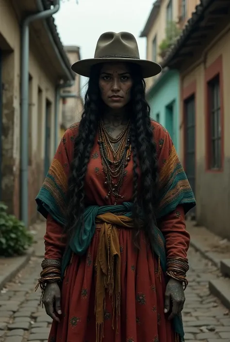 Generate a cover image of a story about a convicted cholita wearing indigenous Bolivian clothes or a zombie in without a hat with braids on an old street