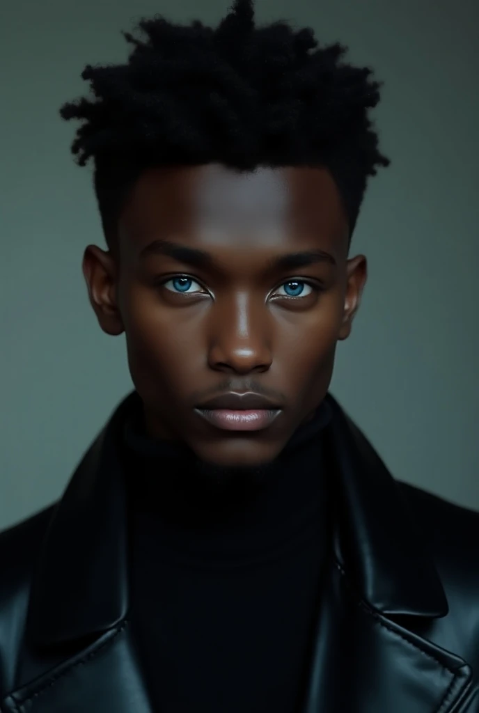 a young man with black skin,  with blue eyes and stunning beauty, wearing a black leather coat.