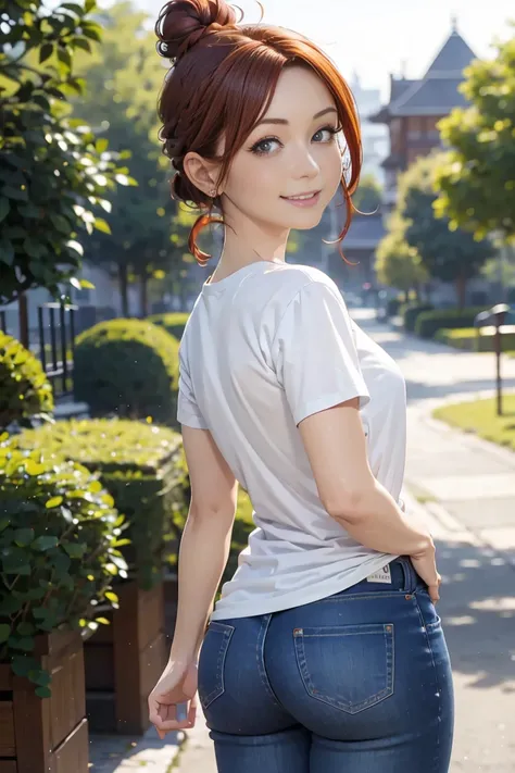 slim figure, small stature (t-shirt,   jeans), (Redhead,  braided bun), (park),    and I was proud of her straight back  , Stick your butt out.、Sensual pose,  Beautiful smile, 