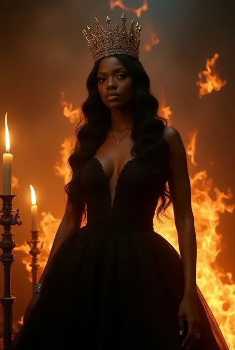 Create an image of a black woman in a black dress with long black hair and wearing queens crown in the image containing flames of fire and candles