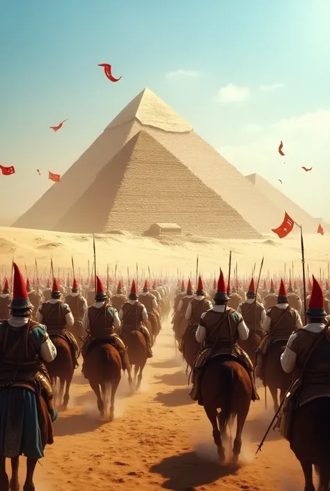 Turkish army in front of the pyramids in Egypt