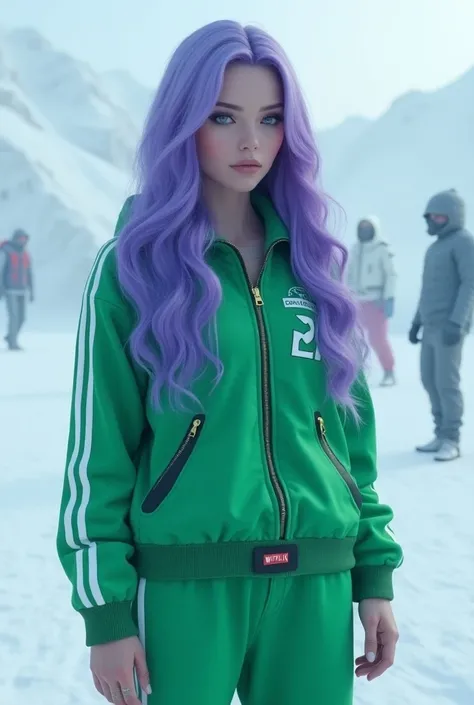  Beautiful woman from Minecraft with purple hair, gray eyes, With clothes from the SQUID GAME ploma from Netflix in a snowy landscape and full-body Squid games in Minecraft 