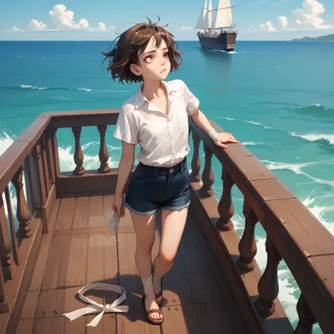 Female, Short brown hair, Brown Eyes, Rough White shirt, with a bandage wrapped around her flat chest, standing on an 18th-century ship deck with the ocean in the background.