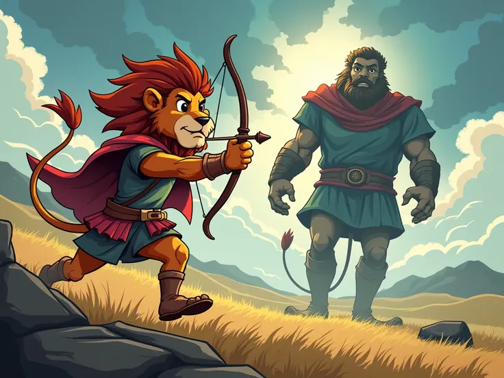 /imagine s cartoon illustration, a Lion as the young Biblical King David with his slingshot in hand running towards Goliath