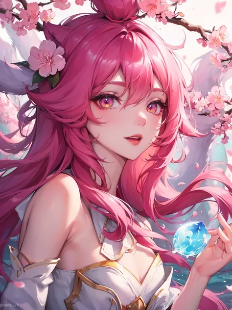 create images of Ahri, champion of league of legends, in her spiritual flourish skin. The images must be a light closeup highlighting an expressive and dynamic face, with abstract elements in the background and painting with watercolor techniques. The imag...