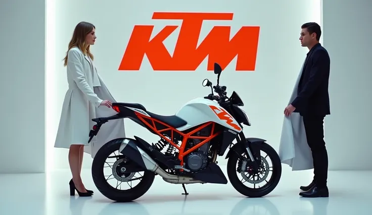 A sleek, modern  (2025  ) partially covered with a  cloth displaying a prominent(  KtmDuke 390)  logo, being unveiled by two people. The bike is   with a streamlined design, positioned in an indoor clear white showroom with bright lighting. The focus is on...