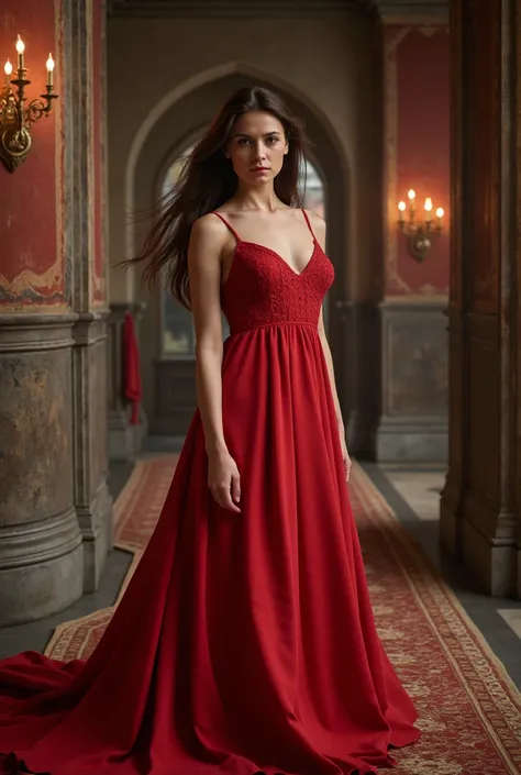 A brunette woman in a red dress in a castle 