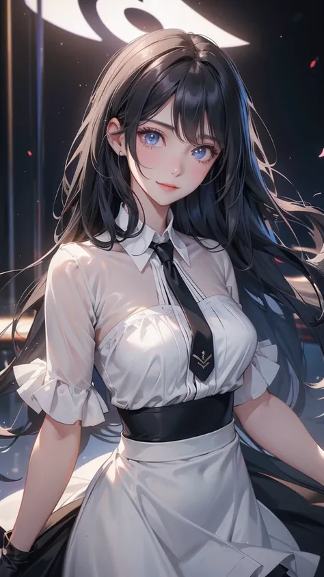  Young girl, Long Black hair, Curly hair, Blue eyes, upper body,4k resolution, high quality cg, Small breast, beautiful cg, soft ligh, class room, Looking at Viewer, (Smile 2:1) Flower headband,highest quality,masterpiece,High resolution,only,{Black busine...