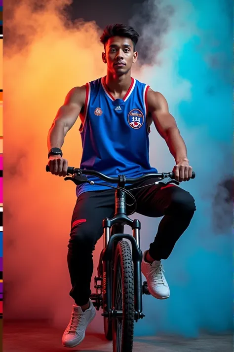 The photo shows a young man, possibly an athlete judging by his attire, sitting on a mountain bike. Hes wearing a blue sleeveless basketball jersey with the number 23 and the name "OWENG" on it, black pants with red accents, and white sneakers. The setting...