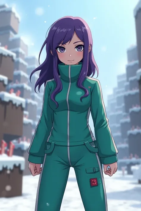  Minecraft woman with purple hair, gray eyes, With clothes from the SQUID GAME ploma from Netflix in a snowy landscape and Squid games in Minecraft 