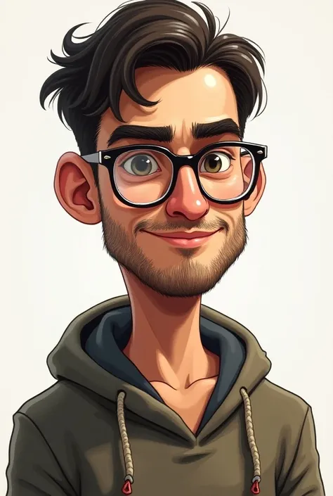 Draw a close-up person, male, with glasses, 24 years old, Turkish, 170 cm tall, 78 kg, with short hair and stubble. Make a drawing thats a mix of caricatures and real people. Be confident with your hands tied in front. draw in color.