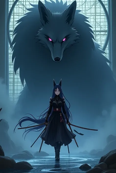 Dark blue hair almost red eyes Purple Sharingans black dress with black boots black gloves double swords on the back with the nine-tailed fox in the background as if it were above water with a giant grid