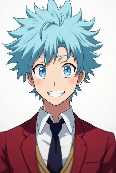 OC man from my hero Academia ,  disheveled light blue hair in the shape of a cloud, light blue eyebrows , ojos azules claros,  with a small band on the nose , smiling, with a red suit, white shirt and black tie