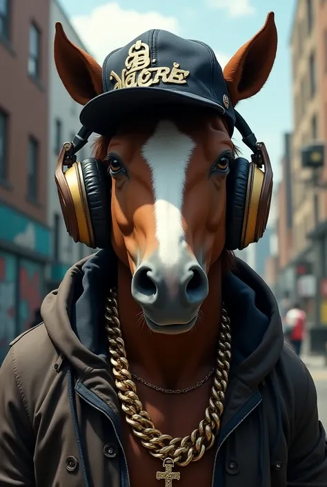 horse face dressed like a rapper with headphones