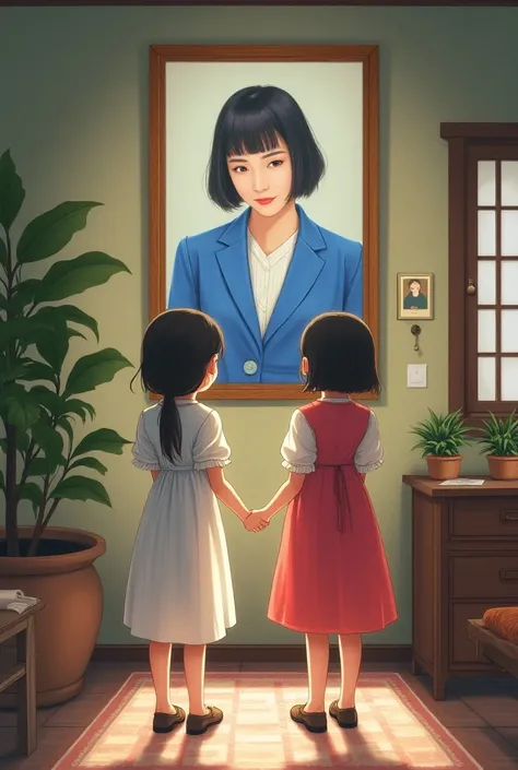  Two ren in the center of a house .  They wear a dress with a short puffy cuff , The dresses are colorful .  The two are holding hands looking at a painting with a woman dressed in a blue suit.  This woman has short, straight hair at shoulder height  