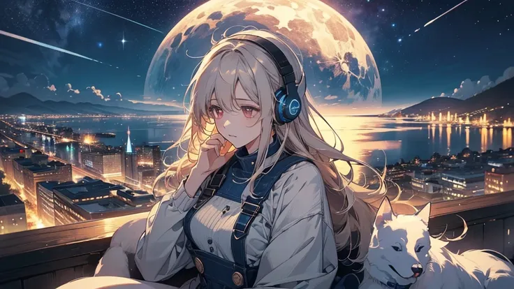 Describe an overall calm and dreamy scene with a woman wearing headphones 、 looking at a beautiful night landscape from a high place。There is a relaxed dog near her、 create a warm atmosphere 。Generate an illustration of the starry sky and city lights shini...