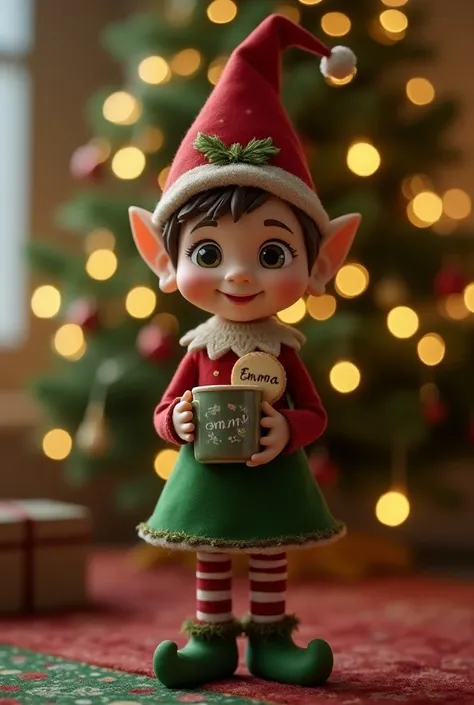 Christmas elf in front of christmas tree with mug and cookie with name Emma on it