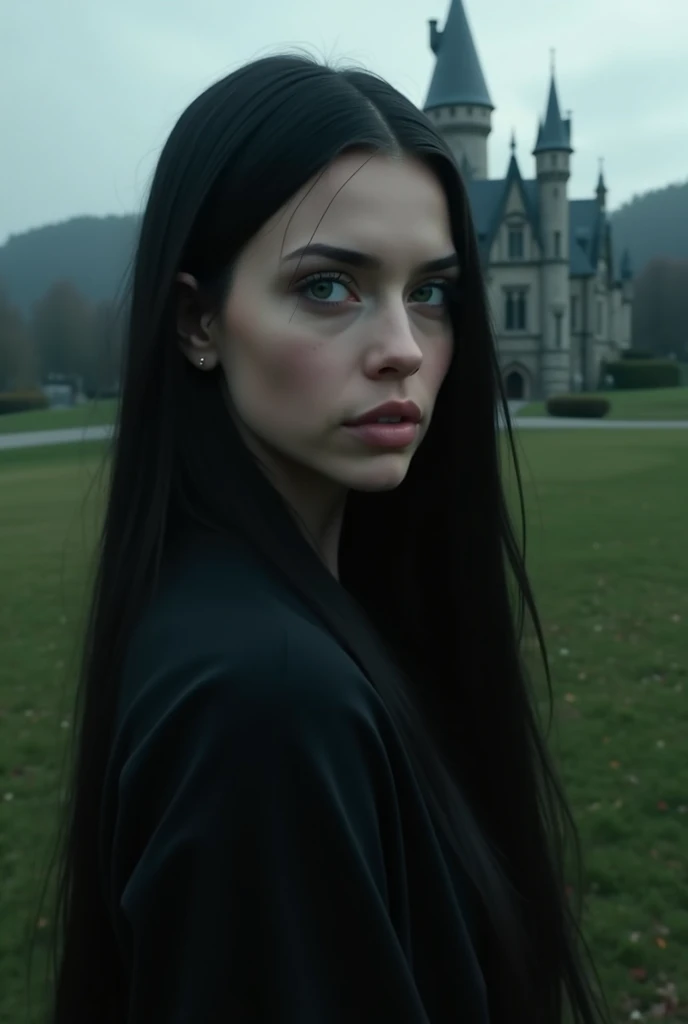 A beautiful girl with black long thick straight hair , thin build, bright cheekbones spiky eyes , plump lips,  light blue eyes ,  beautiful thin nose and fair skin ,  angelic features is depicted on Hogwarts grounds wearing a black robe