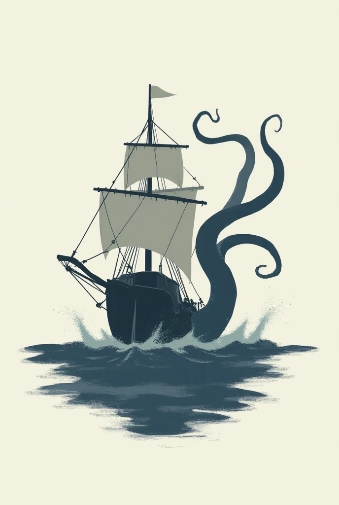 A t-shirt with a print of a ship being attacked by the Kraken, design minimalista 
