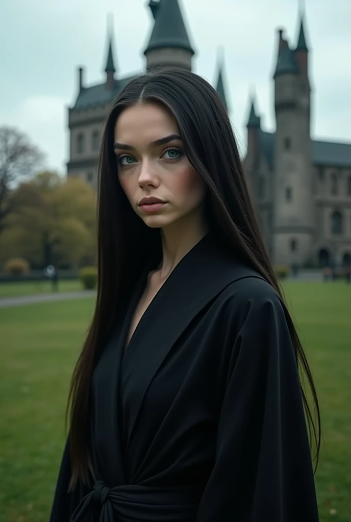  A beautiful girl with long black straight hair, thin build, bright cheekbones spiky eyes , plump lips, dark blue eyes,  beautiful thin nose and fair skin ,  is depicted on Hogwarts grounds wearing a black robe 