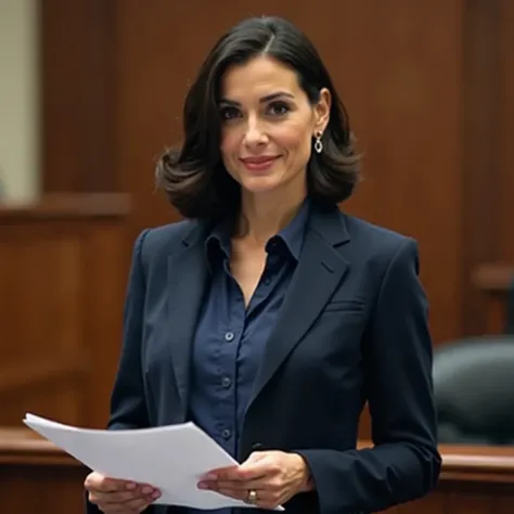 A poised woman in her late 30s with an intelligent, analytical gaze, dressed in a tailored navy blue suit and blouse. She has shoulder-length dark hair, styled neatly, and wears simple, elegant jewelry. She stands in a courtroom setting, holding legal docu...