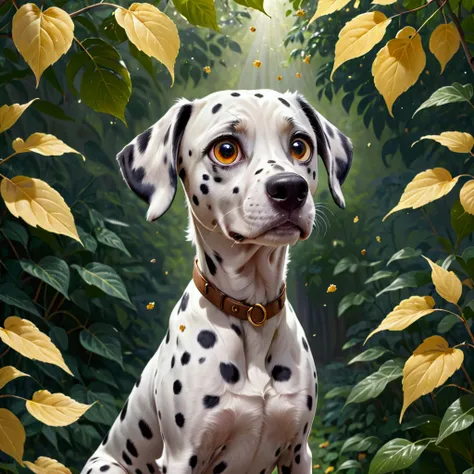 A Dalmatian dog,eyes, light brown eyes honey , No collar, eyes,  looking at a leaf that is falling from a tree. He is scared and suspicious . in a flowery square .
