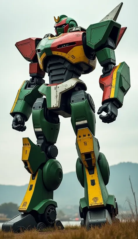 Guyana Colossal Robot: A towering robot with green, red, yellow, white, and black metallic armor, inspired by the Guyanese flag. It has intricate metallic detailing with sharp lines and a striking, bold look. High resolution, High quality.